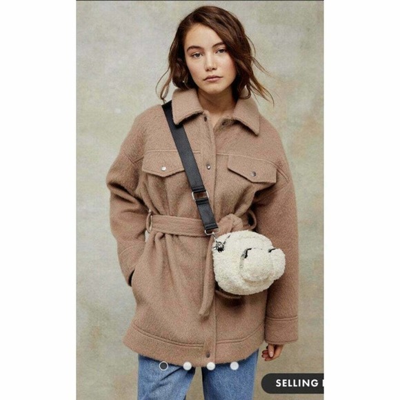 Topshop NWT Women's Tan Snap Button Belted Shacket Coat 12 - Picture 4 of 9